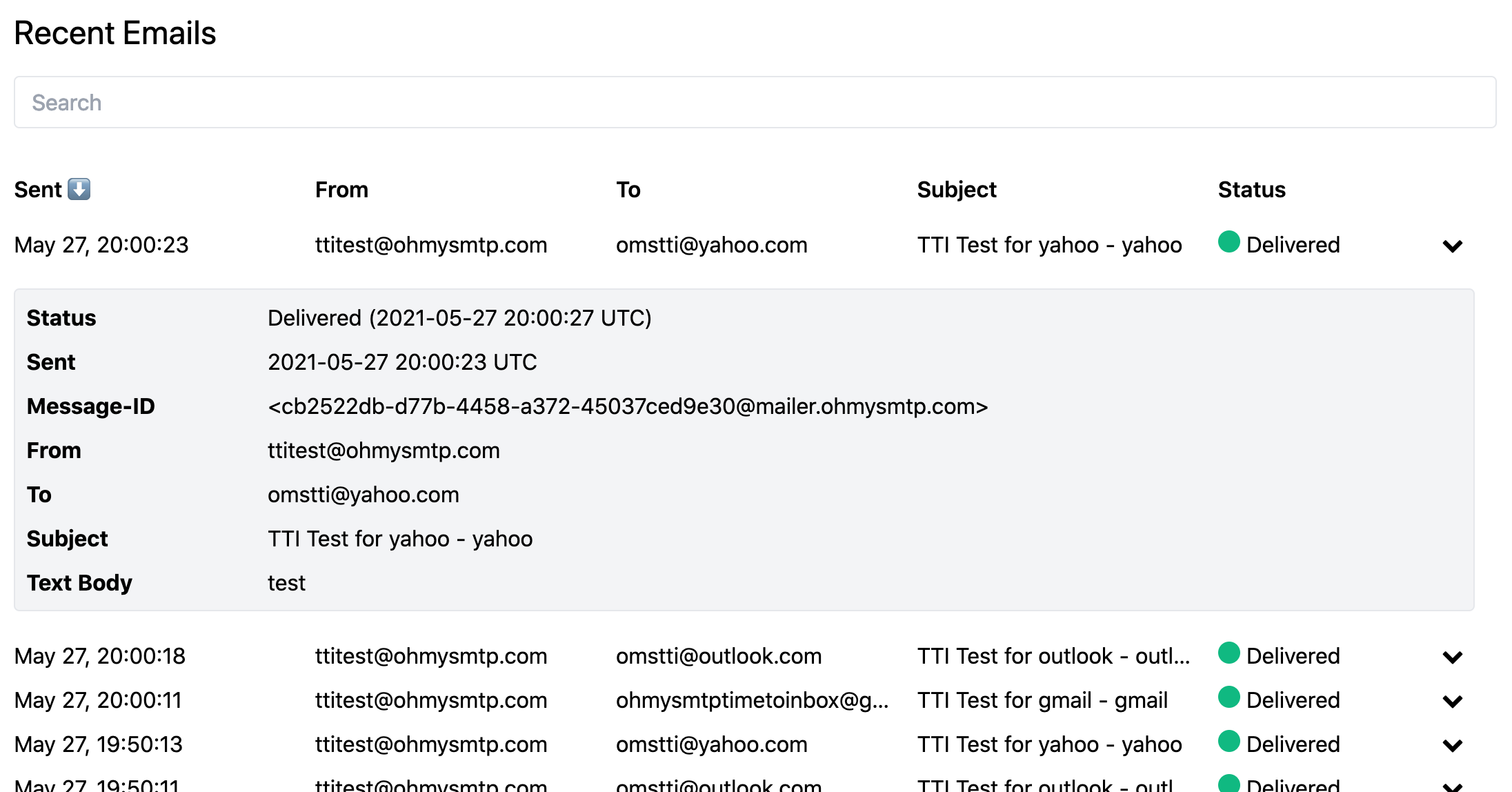 Screenshot of transactional email provider dashboard OhMySMTP